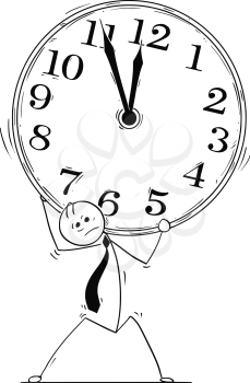 Cartoon stick man drawing conceptual illustration of overworked, stressed and tired businessman carry large clock.