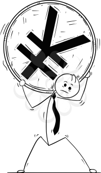 Cartoon stick man drawing conceptual illustration of businessman carry big Yen or Yuan coin on his shoulders.