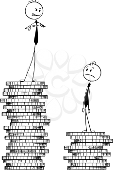 Cartoon stick man drawing conceptual illustration of two businessmen standing on coin piles, one higher, one lower. Concept of business success and competition.