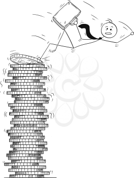 Cartoon stick man drawing conceptual illustration of businessman falling from gold coin pile. Concept of business investment risk and bankruptcy.