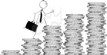 Cartoon stick man drawing conceptual illustration of businessman walk coin piles as stairs. Business concept of growth and success.