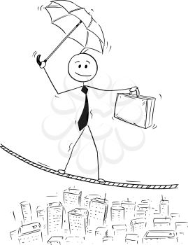 Cartoon stick man drawing conceptual illustration of businessman balancing on rope over the city