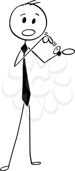 Cartoon stick man drawing conceptual illustration of businessman pointing at wrist watch. Business concept of time and money.