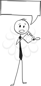Cartoon stick man drawing conceptual illustration of businessman pointing at wrist watch. Business concept of time and money. Added empty blank speech bubble for text.