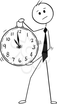 Cartoon stick man drawing conceptual illustration of businessman holding large clock. Business concept of time management.