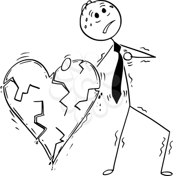 Cartoon stick man drawing conceptual illustration of businessman holding large cracked heart and heaving heart attack. Business concept of stress, overwork and unhealthy lifestyle.