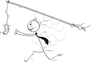 Cartoon stick man drawing conceptual illustration of businessman pursue or chase after money. Business concept of greed.