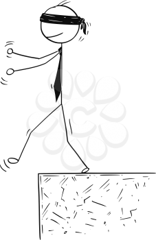 Cartoon stick man drawing conceptual illustration of businessman with eyes covered falling over the edge. Business concept of risk.