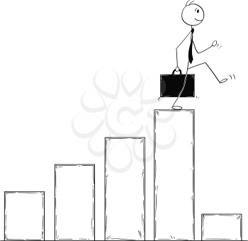Cartoon stick man drawing conceptual illustration of businessman walking on top of chart and facing low profit data. Business concept of bankrupt and crisis.