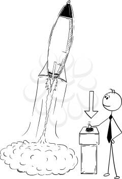 Cartoon stick man drawing conceptual illustration of businessman launching rocket. Business concept of success,company or career start up.