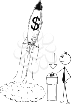 Cartoon stick man drawing conceptual illustration of businessman launching rocket with money dollar symbol. Business concept of success,company or career start up.
