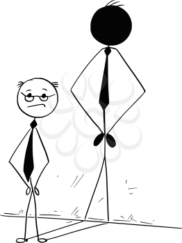 Cartoon stick man drawing conceptual illustration of ordinary older businessman and hero heroic young and strong shadow on the wall.