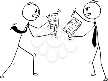 Cartoon stick man drawing conceptual illustration of two businessmen fighting or arguing.