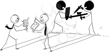 Cartoon stick man drawing conceptual illustration of two businessmen arguing and their shadow sword fighting. Business concept of problem discussion.