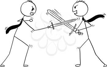 Cartoon stick man drawing conceptual illustration of two businessmen arguing and sword fighting. Business concept of problem discussion.