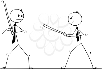 Cartoon stick man drawing conceptual illustration of two samurai businessmen ready to fight with Japanese katana swords.
