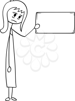 Cartoon stick man drawing conceptual illustration of depressed or tired businesswoman or woman holding empty or blank sign. Business concept of exhaustion and tiredness.