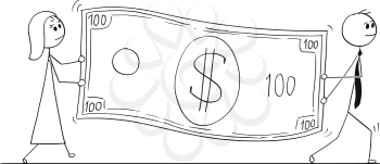 Cartoon stick man drawing conceptual illustration of businessman and businesswoman carry large dollar bill banknote.