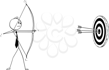 Cartoon stick man drawing conceptual illustration of successful businessman with bow shooting at target or clout, with three hits in center. Business concept of motivation, determination and success.