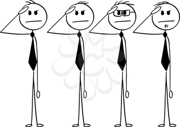Cartoon stick man drawing conceptual illustration of business team saluting in military style. Business concept of loyalty, readiness and obedience.