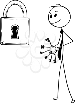 Cartoon stick man drawing conceptual illustration of businessman looking for right key to padlock. Business concept of problem and solution.