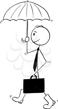 Cartoon stick man drawing conceptual illustration of businessman with umbrella and rubber or gum high boots. He is ready for financial crisis.