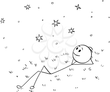 Cartoon stick figure drawing conceptual illustration of man or boy lying on grass and watching night sky with stars. Concept of dream and relaxation.