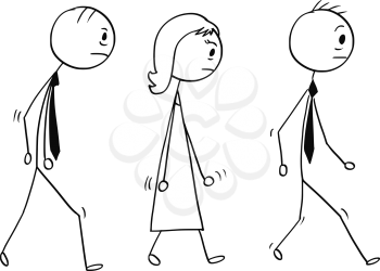 Cartoon stick man drawing conceptual illustration of team of three sad or tired business people, businessman and businesswoman walking.