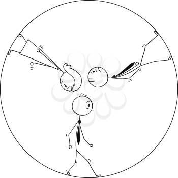 Cartoon stick man drawing conceptual illustration of team of three exhausted business people, businessman and businesswoman walking in circle or squirrel or hamster wheel. Business concept of repeating work and career stagnation or routine.