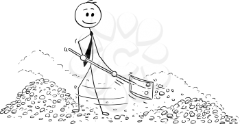 Cartoon stick man drawing conceptual illustration of businessman using shovel to transport gold money coins inside vault. Business concept of financial success.