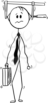 Cartoon stick man drawing conceptual illustration of businessman with clamp on his head. Business concept of pressure, overwork and stress.