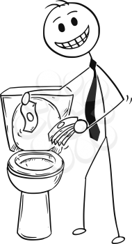 Cartoon stick man drawing conceptual illustration of smiling businessman throwing money in to toilet. Business financial concept of bad investment or inflation.