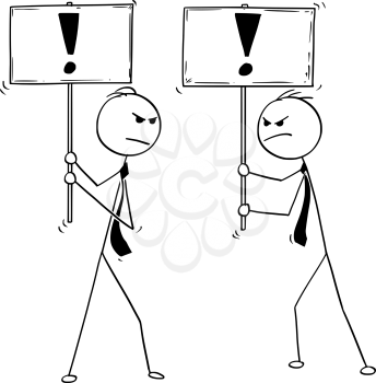 Cartoon stick man drawing conceptual illustration of two arguing angry businessmen with exclamation mark signs.