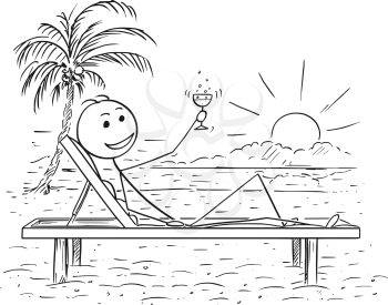 Cartoon stick man drawing conceptual illustration of successful man or traveler relaxing on the beach bed with glass of drink or wine. Concept of success or relax.