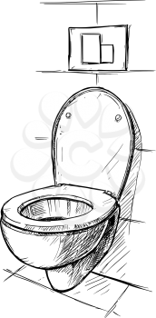 Vector artistic pen and ink hand drawing illustration of toilet bowl in bathroom.