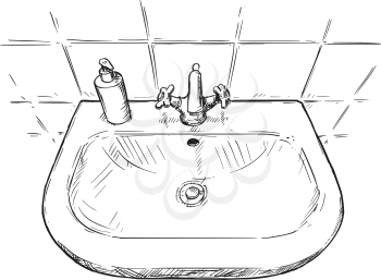 Vector artistic pen and ink hand drawing illustration of sink in bathroom.