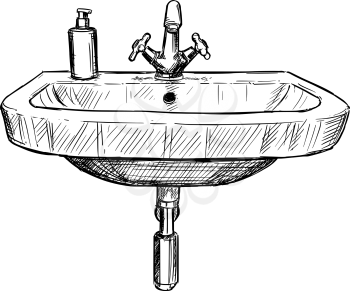 Vector artistic pen and ink hand drawing illustration of sink in bathroom.