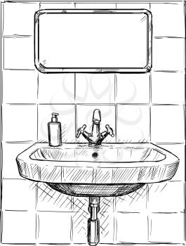 Vector artistic pen and ink hand drawing illustration of sink and mirror in bathroom.
