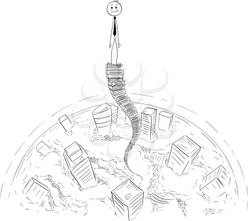Cartoon stick man drawing conceptual illustration of frustrated businessman standing on top of sky high pile or stack or office folders and files. Business concept of paperwork, overwork and bureaucracy.