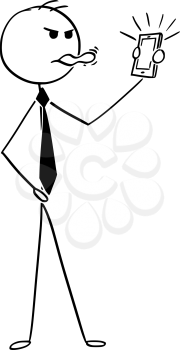 Cartoon stick man drawing conceptual illustration of angry businessman sticking out his tongue on mobile phone.