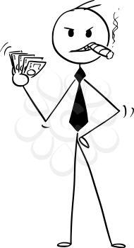 Cartoon stick man drawing conceptual illustration of successful rich businessman with big cigar and pack of money. Business concept of success.