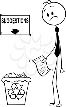 Cartoon stick man drawing conceptual illustration of businessman with paper document with great idea or invention looking confused on recycle trash bin with arrow and sign with suggestions text. Business concept of motivation and creativity.