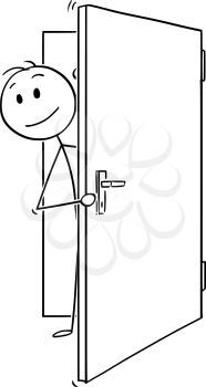 Cartoon stick man drawing conceptual illustration of smiling businessman peeping out of the open door.