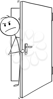 Cartoon stick man drawing conceptual illustration of angry businessman peeping out of the open door.