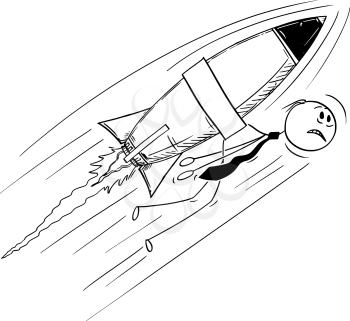 Cartoon stick man drawing conceptual illustration of businessman flying too high and too fast with rocket attached to his back. Concept of risky business.