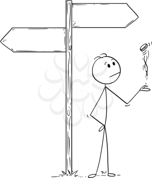 Cartoon stick man drawing conceptual illustration of businessman making decision by tossing, flipping or spinning a coin, standing on the crossroad with two empty arrow signs. Business concept of luck, coincidence and chance.