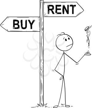 Cartoon stick man drawing conceptual illustration of businessman making decision by tossing, flipping or spinning a coin, standing on the crossroad with buy or rent arrow sign. Business concept of luck, coincidence and chance.