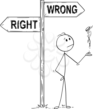 Cartoon stick man drawing conceptual illustration of businessman making decision by tossing, flipping or spinning a coin, standing on the crossroad with right or wrong arrow sign. Business concept of luck, coincidence and chance.