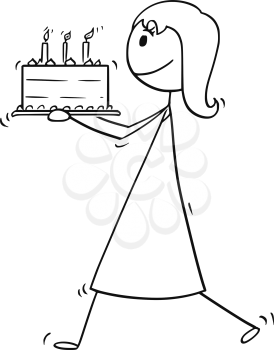 Cartoon stick man drawing conceptual illustration of woman, mother or businesswoman walking and carry birthday cake.