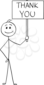 Cartoon stick man drawing conceptual illustration of happy smiling businessman holding sign with thank you text.